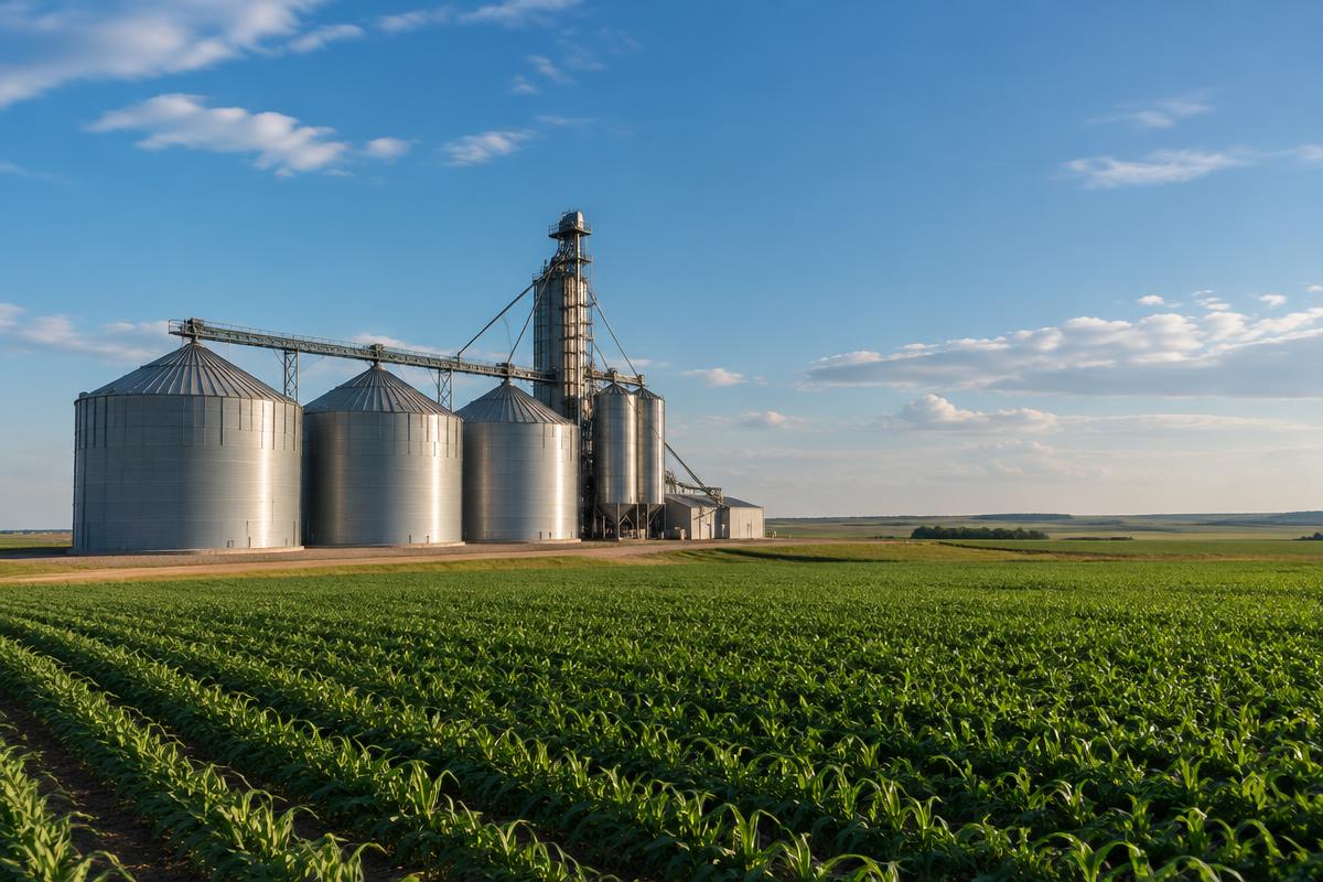 Grain bins beside Northern Plains row crop fields