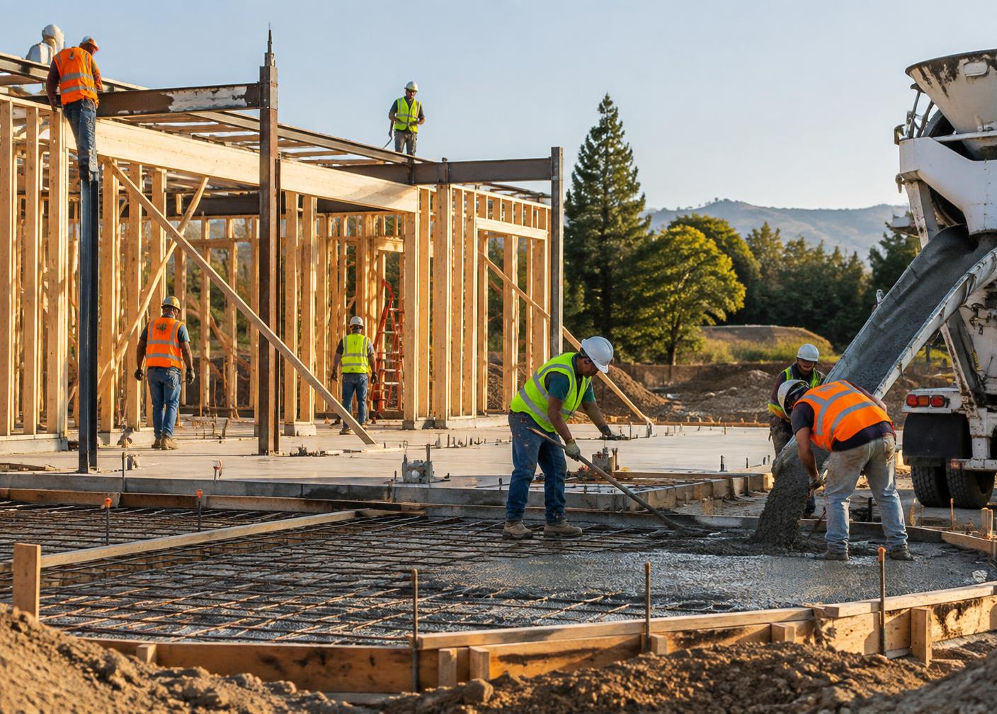 Construction workers in hard hats and safety vests on a building site