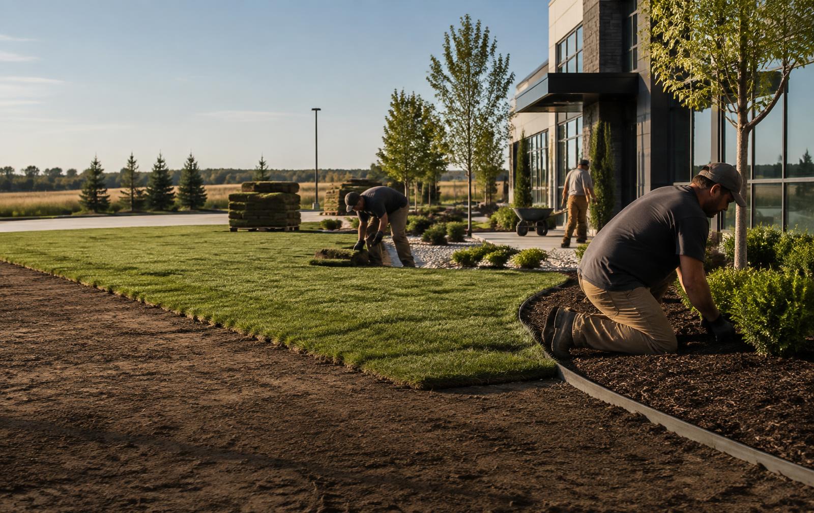 Landscaping crew planting shrubs at a commercial property